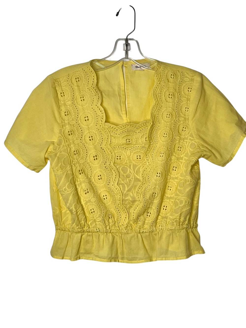 Daniel Cassin Yellow Cotton Eyelet Embroidered Short Sleeve Peplum Top Size M